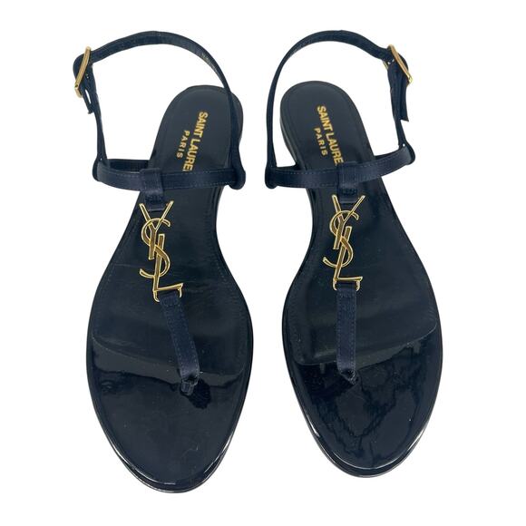 Saint Laurent Cassandra Navy Satin YSL Flat Logo Thong Sandals - Picture 9 of 15